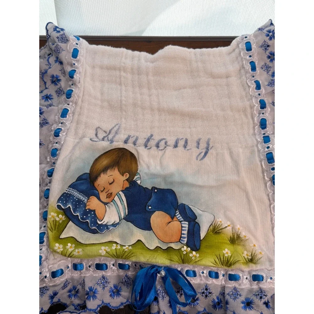 Vintage Antony Personalized Baby Burp Cloth and Towel Set Blue Eyelet Lace Trim